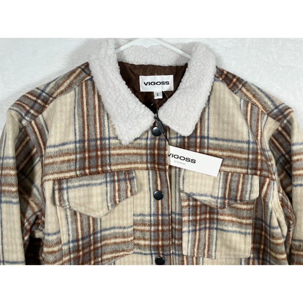 Vigoss‎ Brown Plaid Sherpa Trucker Jacket Women's Large Cropped Snap Front NWT - Picture 3 of 15